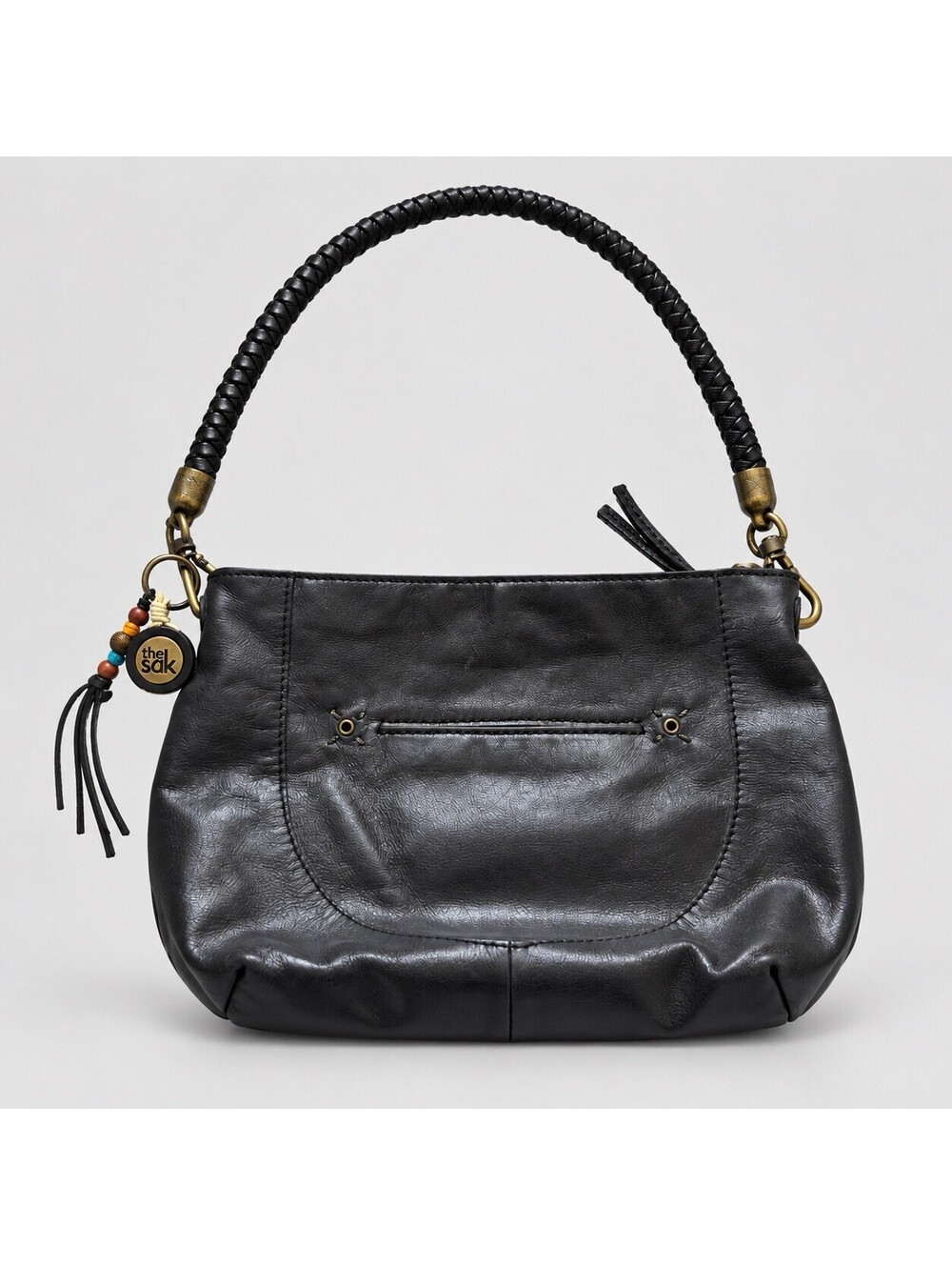 The Sak Indio Demi Black Leather Braid Strap Boho Distressed Shoulder Bag Purse